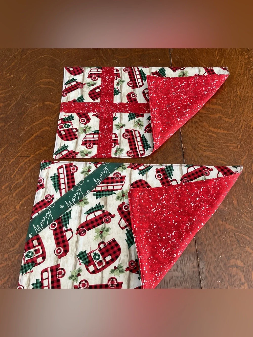 Handmade Quilted Cozy Red Truck & Buffalo Check Holiday Placemats - Set of 4